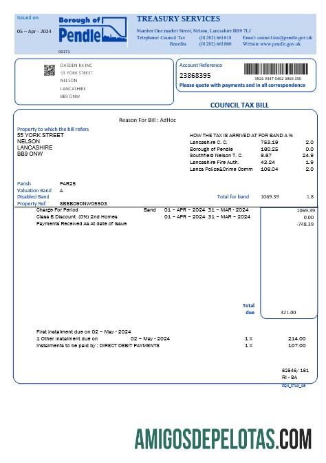 imprimível Modelo de conta de serviços públicos comerciais do município de Pendle, no Reino Unido, em formatos Word e PDF